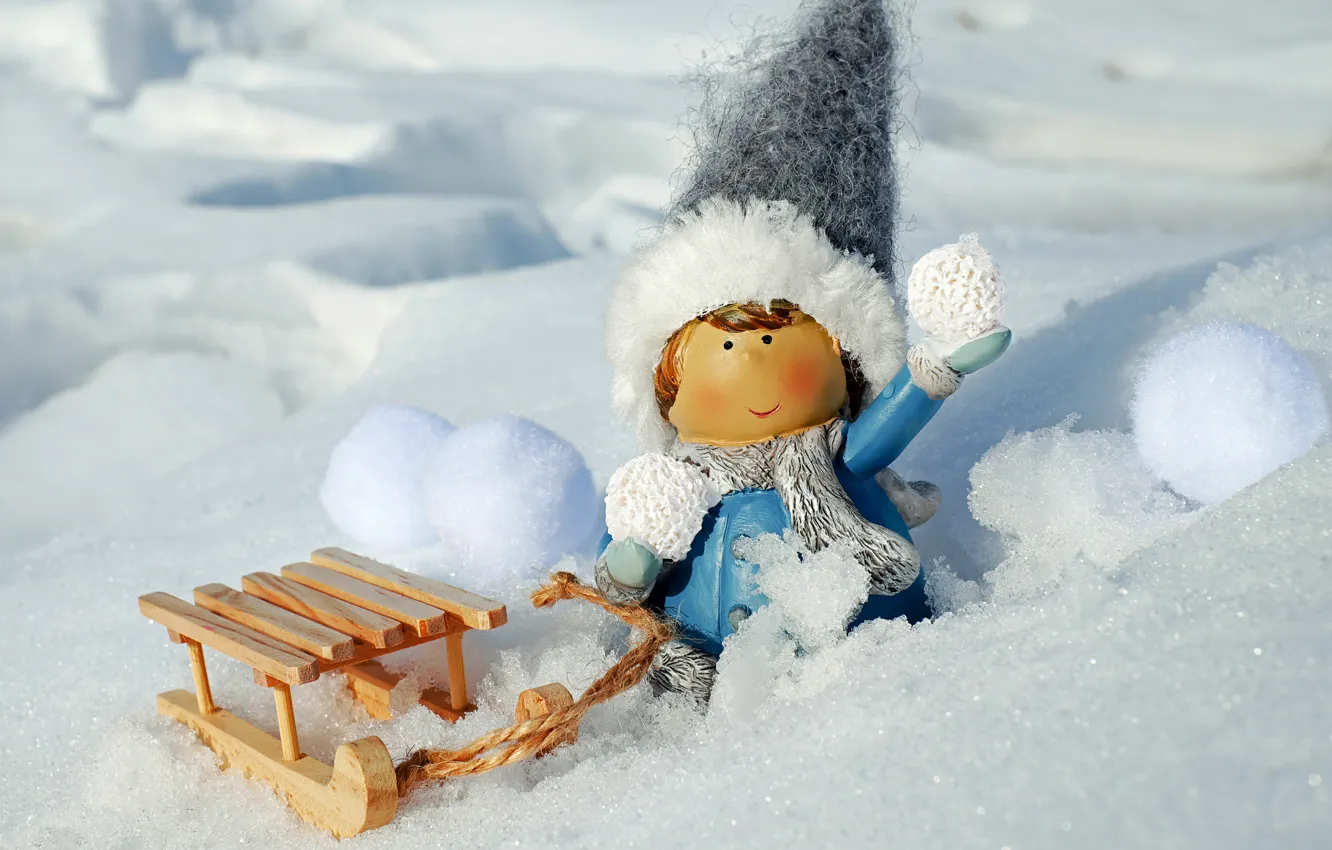 Photo wallpaper winter, snow, photo, hat, toy, girl, sleigh