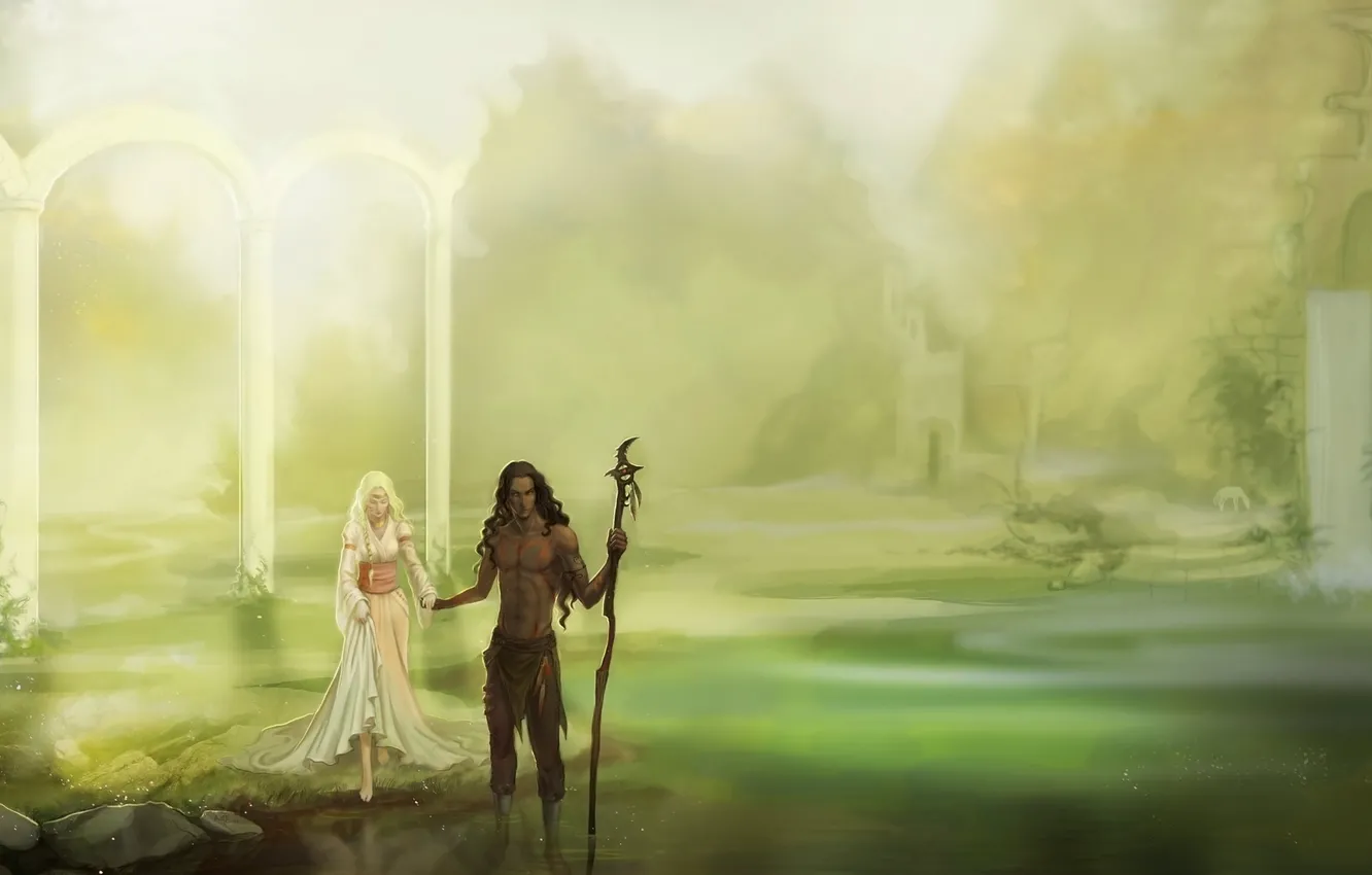 Photo wallpaper grass, water, girl, stones, art, staff, guy, anndr