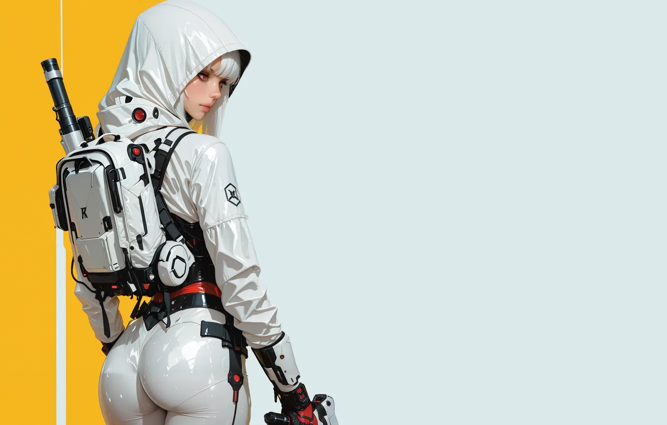 Photo wallpaper ass, science fiction, white hair, white bodysuit, AI art, Stable Diffusion
