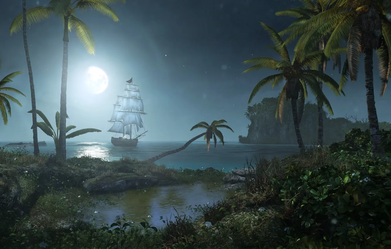 Photo wallpaper night, ship, island, Black Flag, Assassin's Creed IV