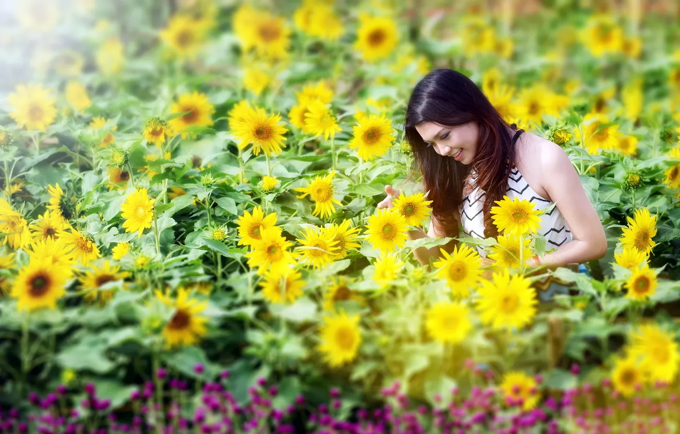 Photo wallpaper summer, girl, sunflowers