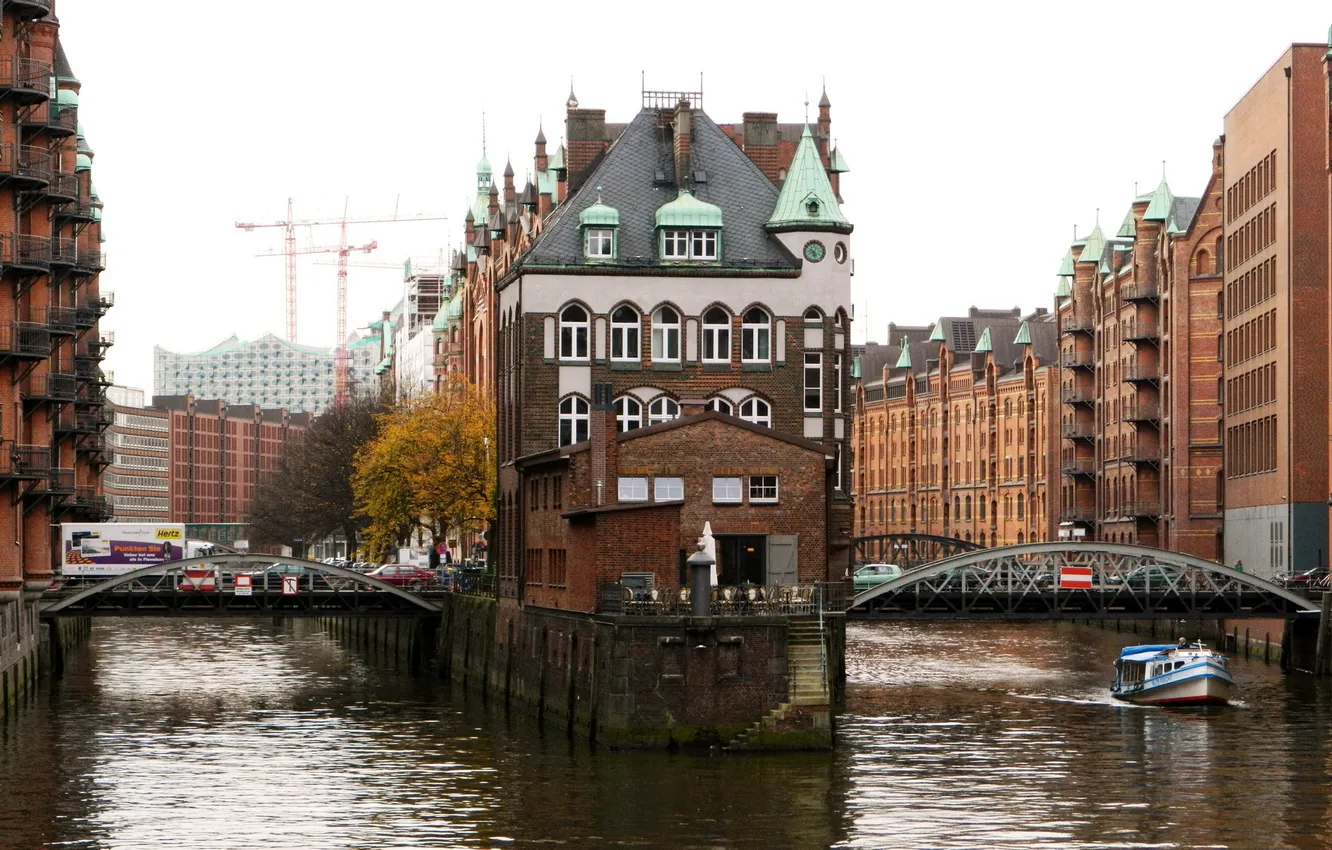 Photo wallpaper bridge, the city, river, building, Germany, boat, Hamburg