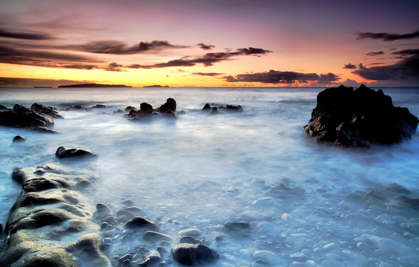 Photo wallpaper sea, sunset, misty water