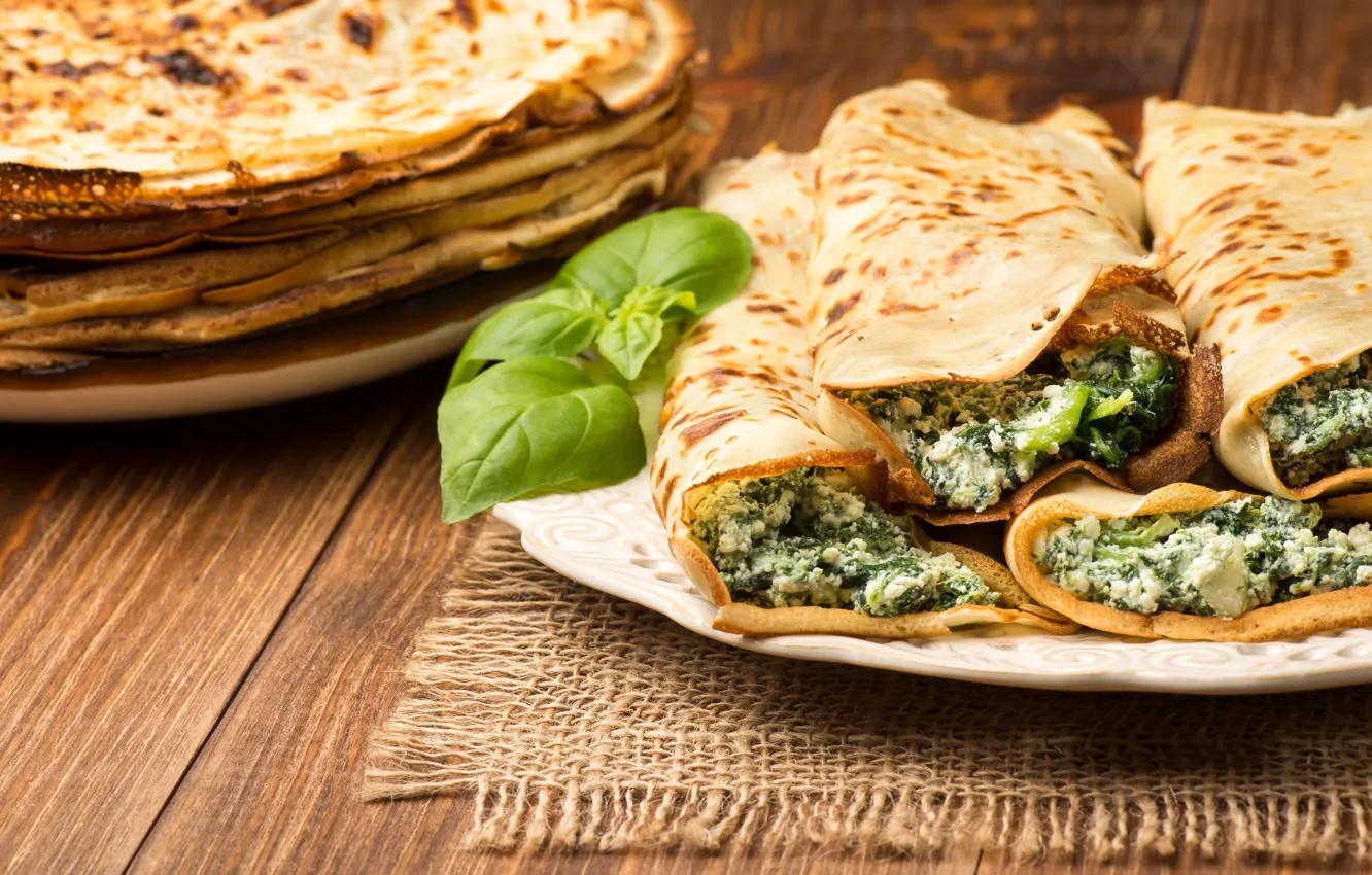Photo wallpaper pancakes, cheese, filling, spinach