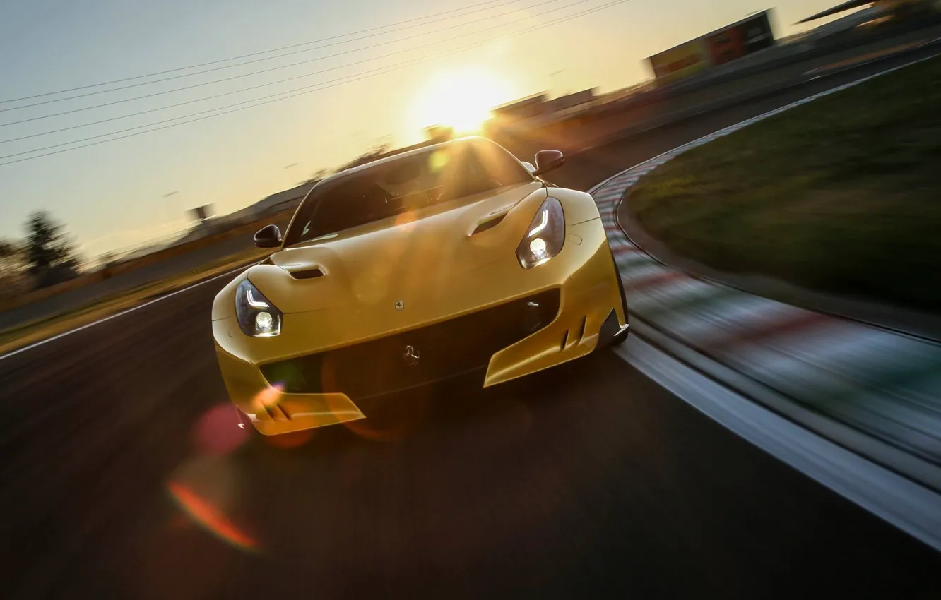 Photo wallpaper Sunset, Ferrari, Background, Ferrari, Yellow, The front, FAS, F12TDF