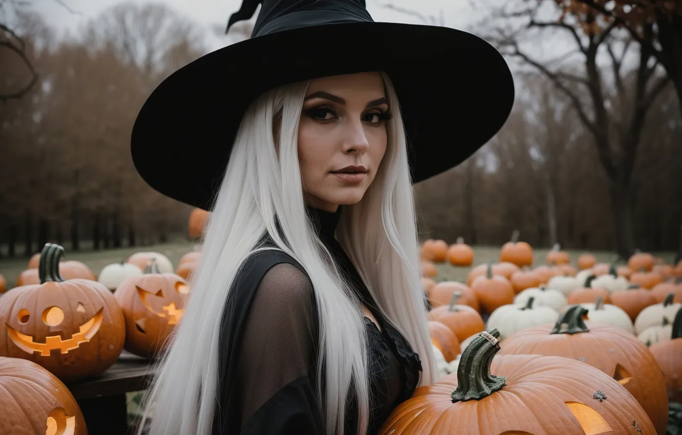 Photo wallpaper field, autumn, holiday, hat, makeup, blonde, pumpkin, Halloween