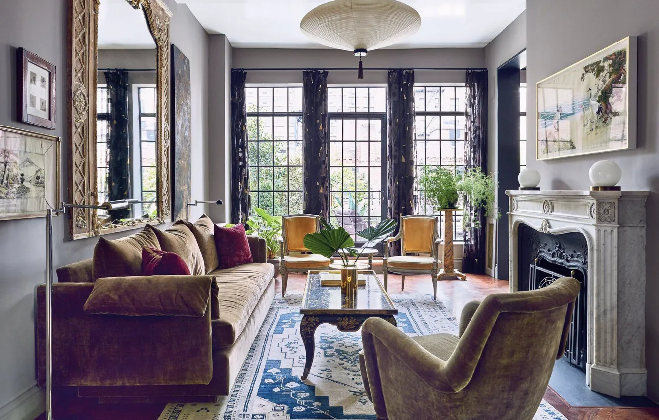 Photo wallpaper interior, fireplace, living room