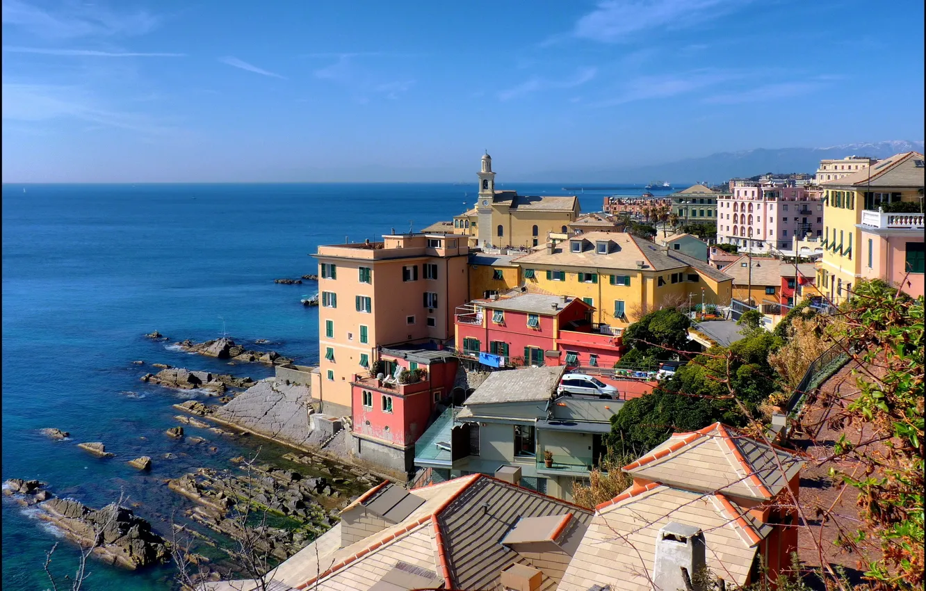 Photo wallpaper sea, the city, stones, photo, home, Italy, Genoa, Liguria