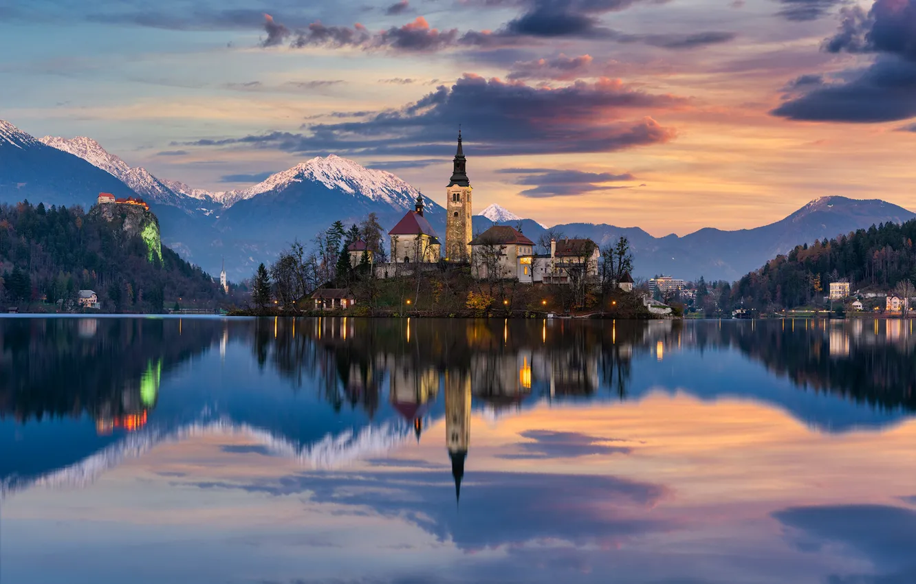Photo wallpaper sunset, mountains, lake, reflection, island, Church, Slovenia, Lake Bled