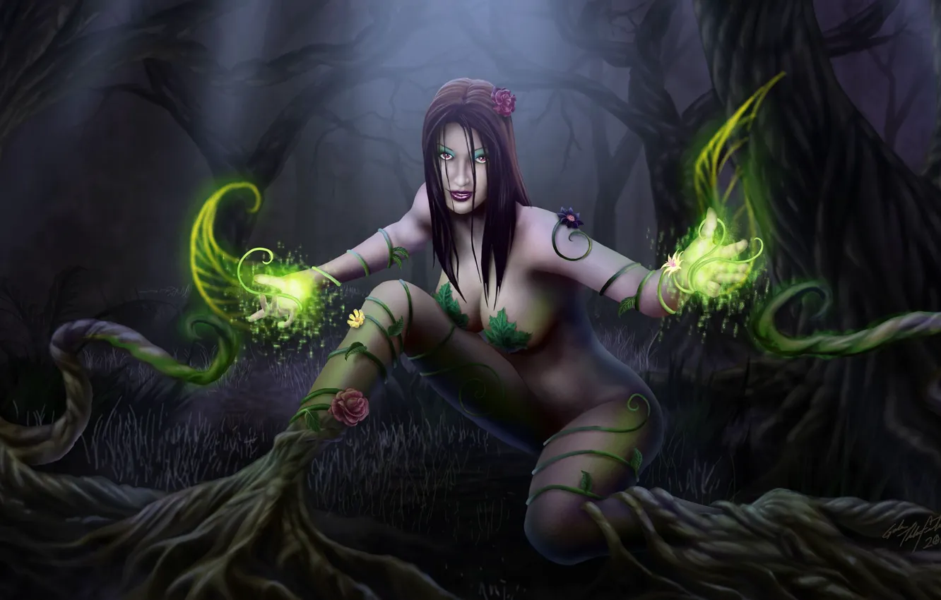 Photo wallpaper girl, night, magic, spell, the witch, the thicket, forest magic, rose in the hair