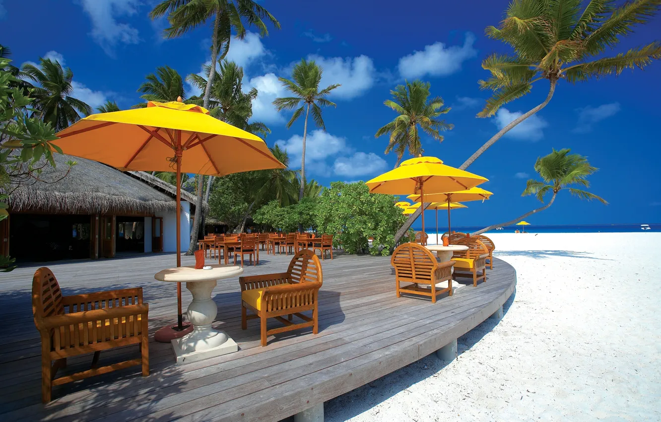 Photo wallpaper sand, beach, clouds, trees, yellow, nature, palm trees, umbrella