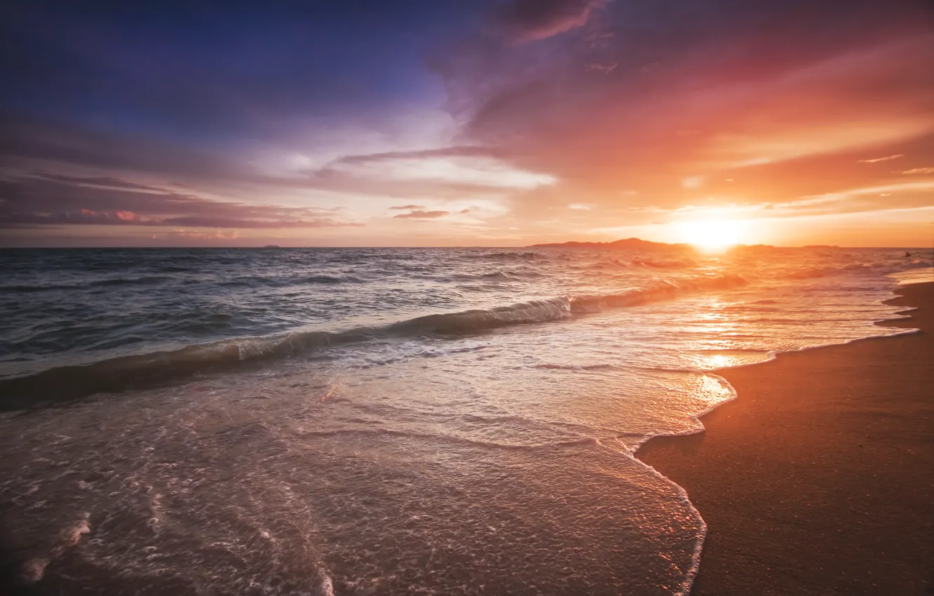 Photo wallpaper sea, beach, sunset, beach, sea, sunset, seascape, beautiful