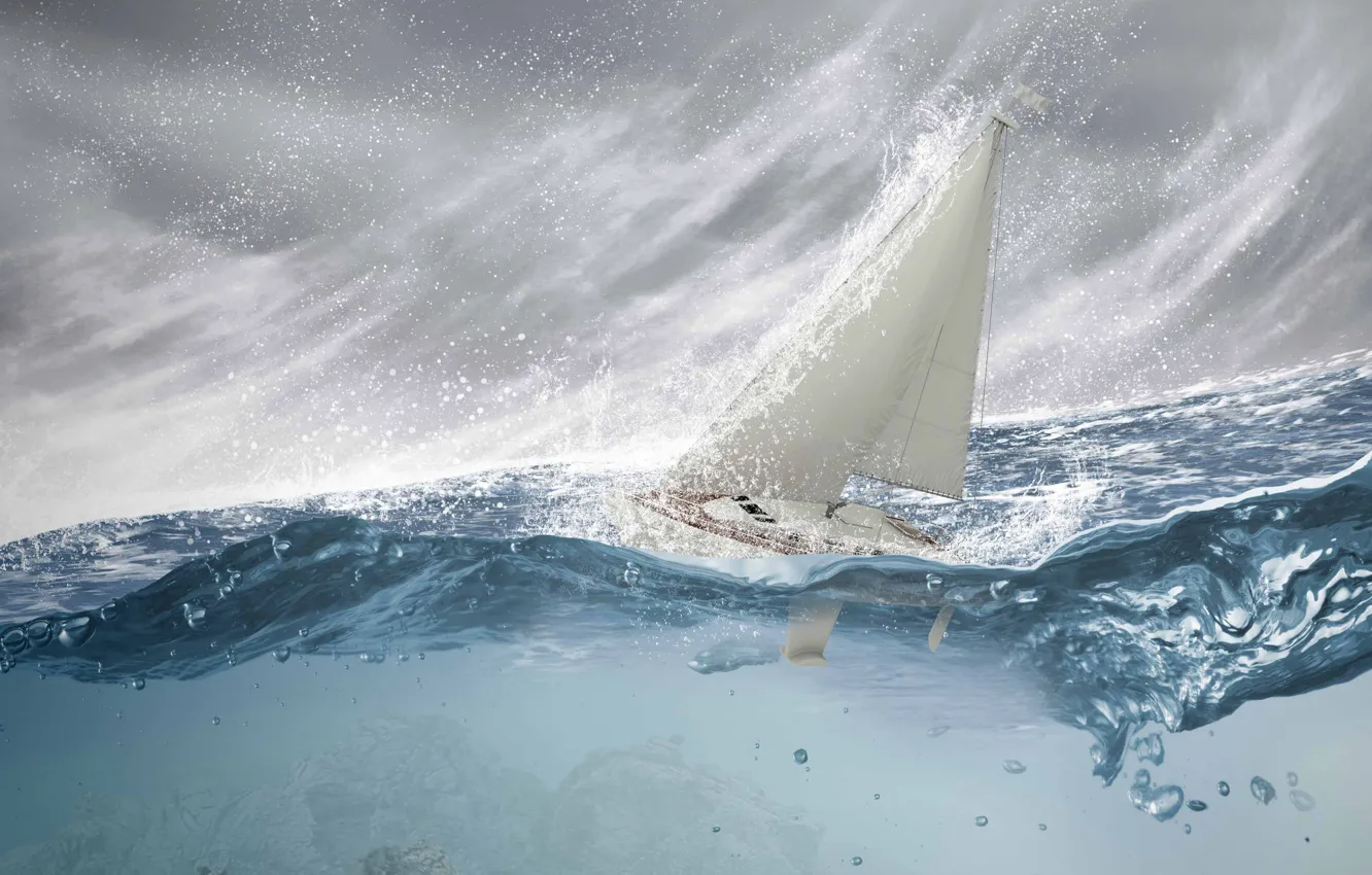 Photo wallpaper sea, wave, squirt, storm, sailboat