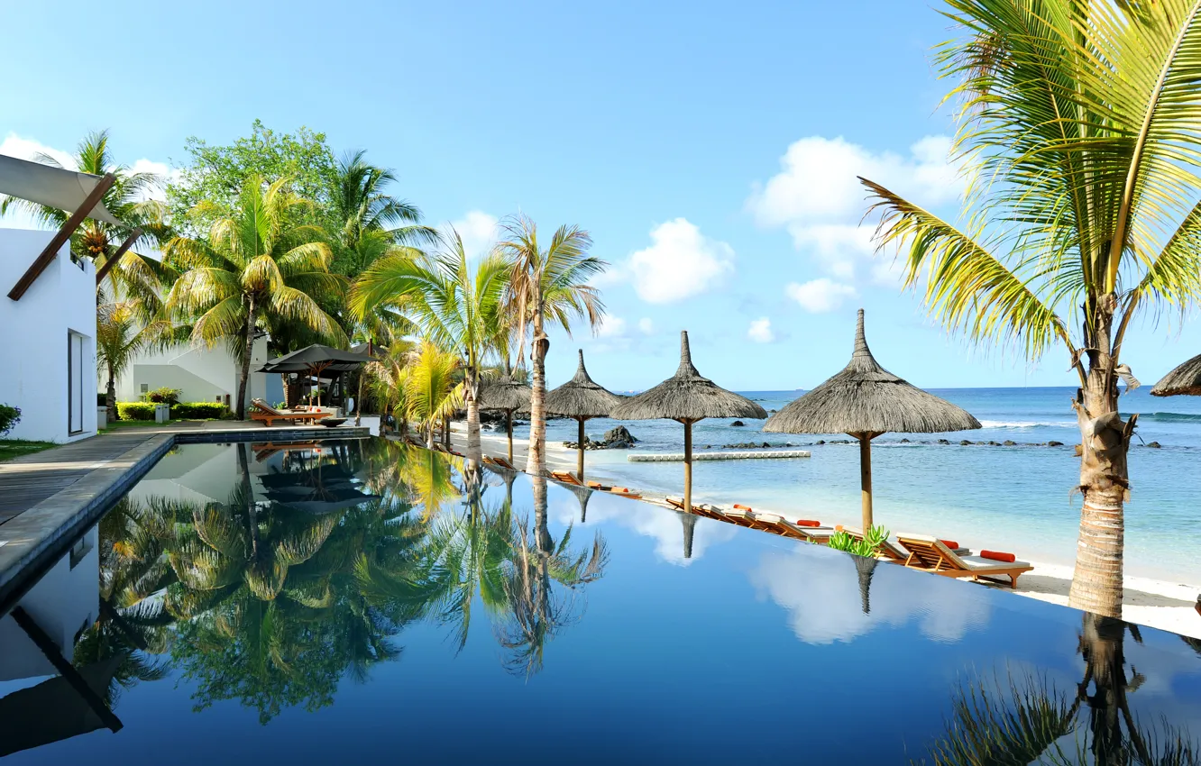 Photo wallpaper palm trees, the ocean, pool, the hotel, Mauritius