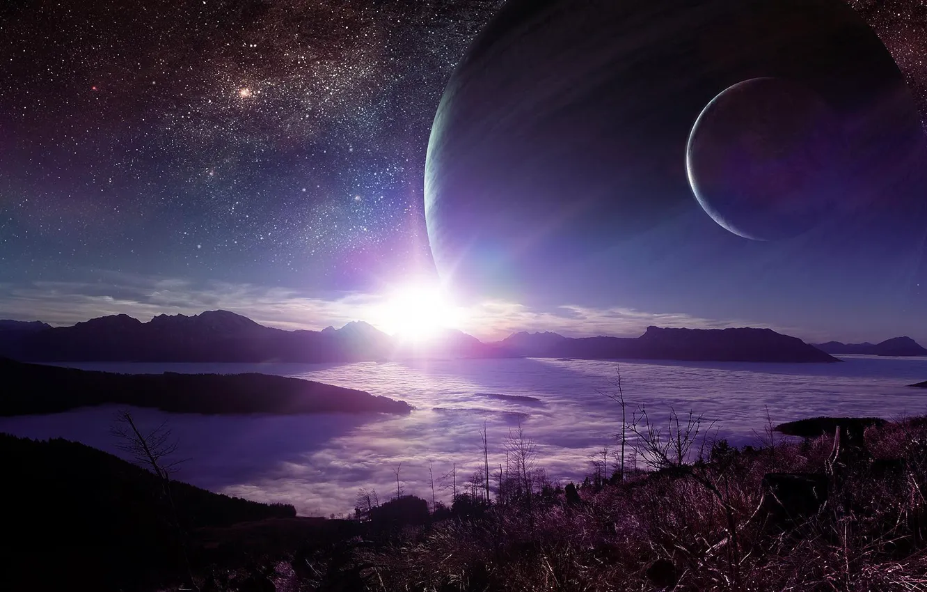 Photo wallpaper the sun, clouds, mountains, fog, star, Planet