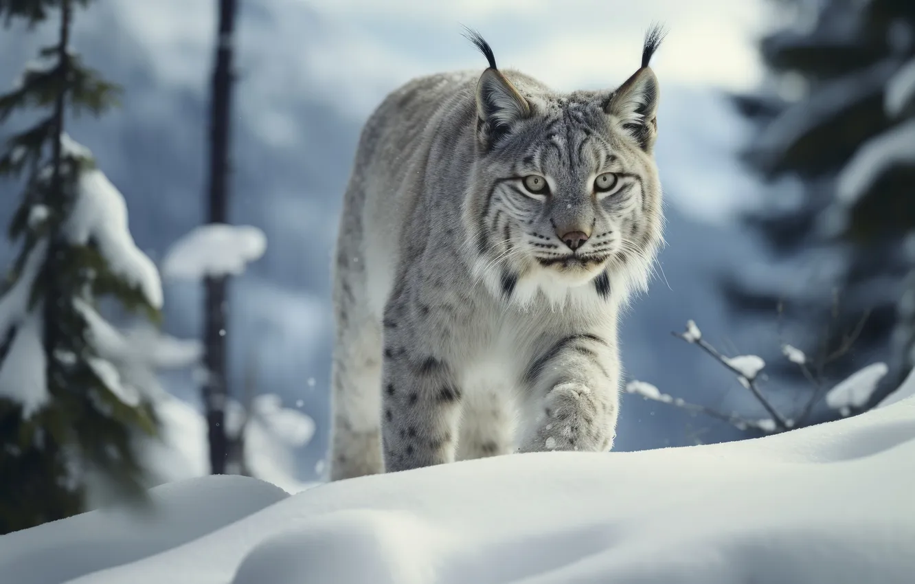 Photo wallpaper winter, look, snow, predator, lynx, digital art, AI art, The Art of Artificial Intelligence