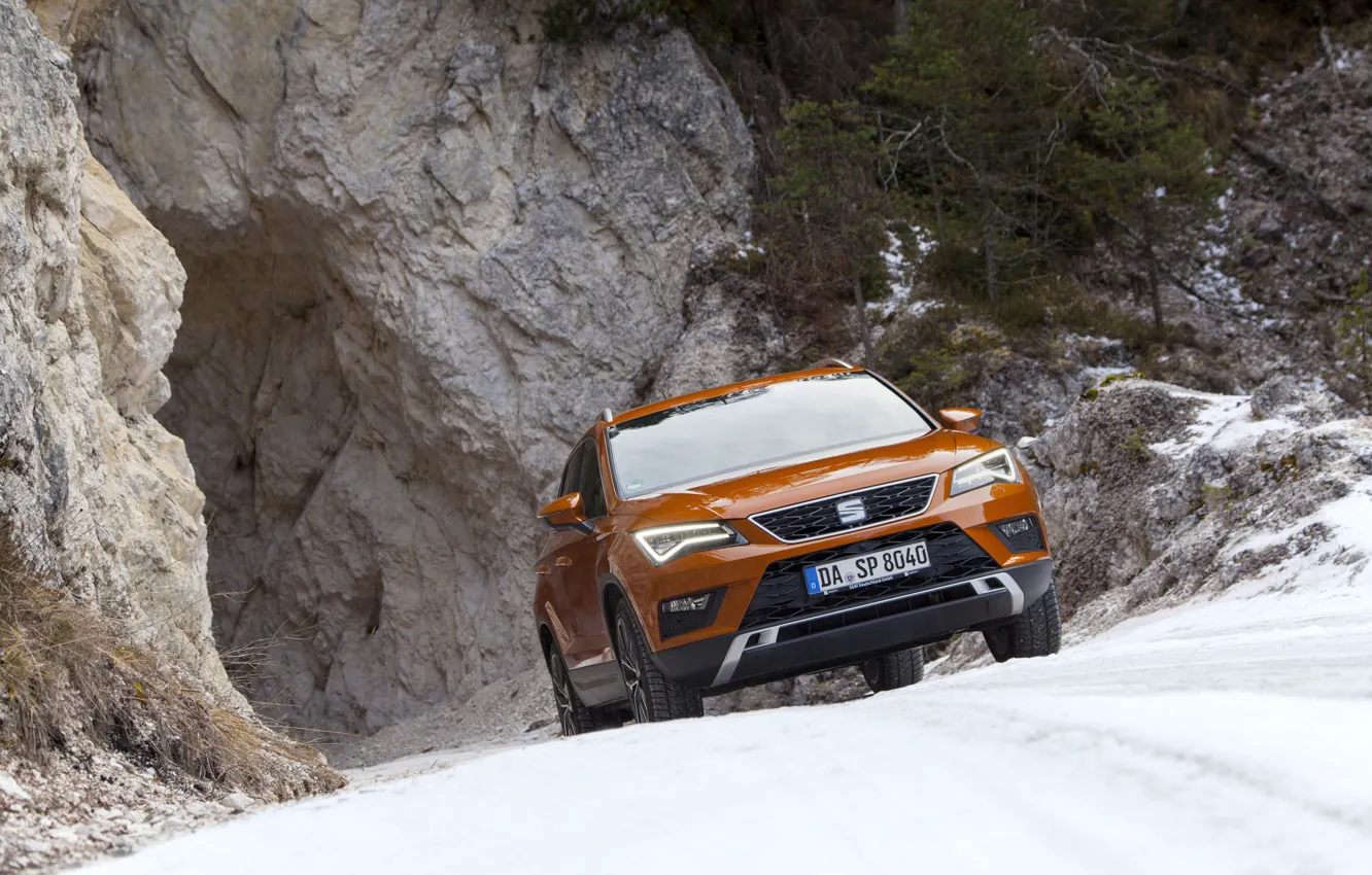 Photo wallpaper road, snow, rocks, SUV, Seat, 2017, 4Drive, Ateca