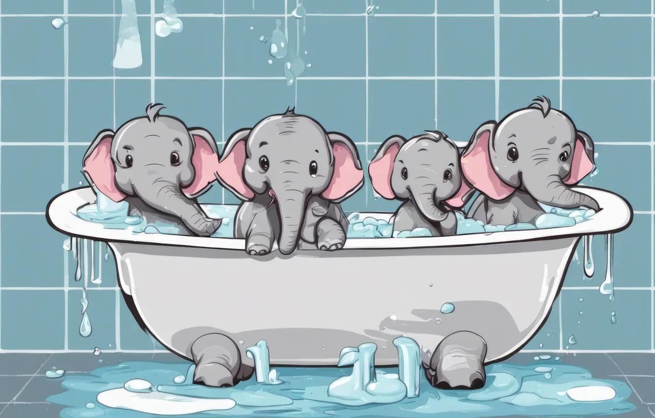 Photo wallpaper bathing, bath, children's, elephants, neural network
