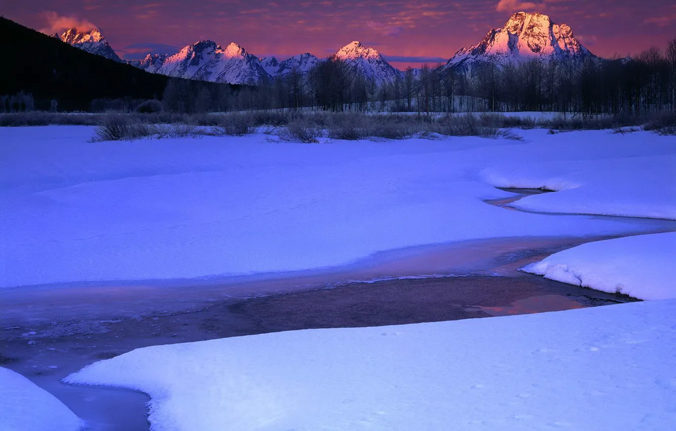 Photo wallpaper winter, snow, mountains, stream