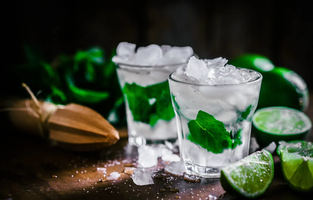 Photo wallpaper leaves, ice, lime, glasses, drink, citrus, mint, Mojito