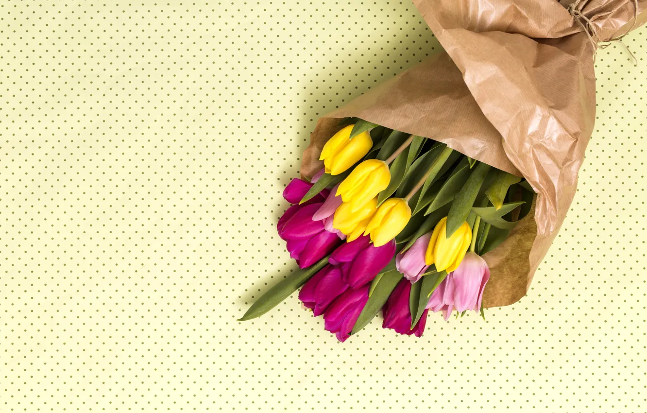 Photo wallpaper flowers, bouquet, yellow, colorful, tulips, pink, yellow, pink