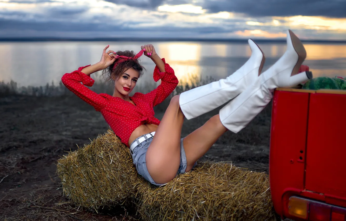 Photo wallpaper girl, pose, river, mood, shorts, boots, watermelon, hay