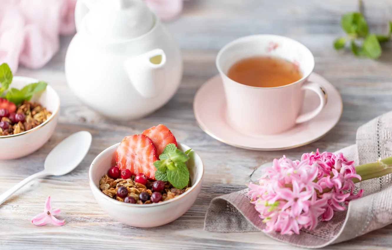 Photo wallpaper berries, tea, Breakfast, muesli, Karina Klachuk