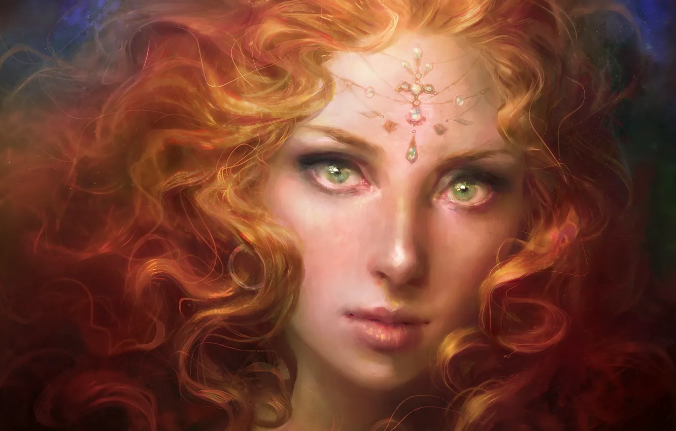 Photo wallpaper look, girl, face, art, red, painting, curls