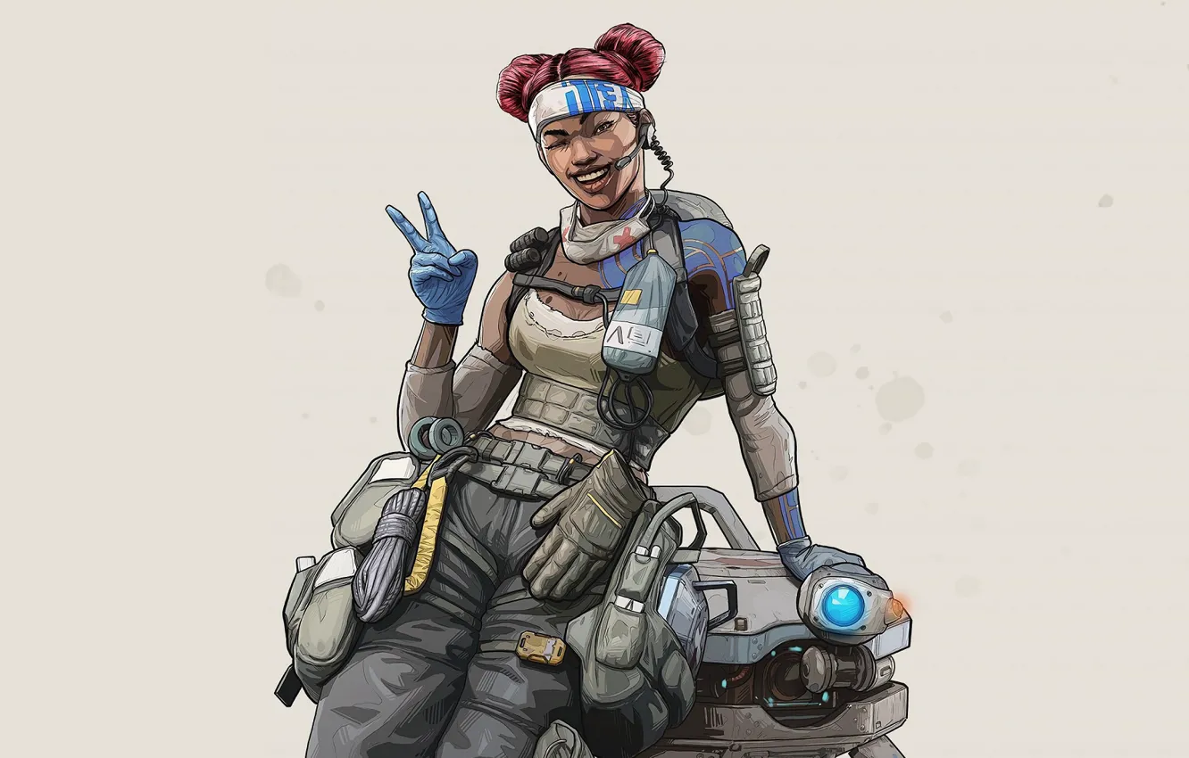 Photo wallpaper girl, smile, the game, robot, grey background, characters, Apex Legends