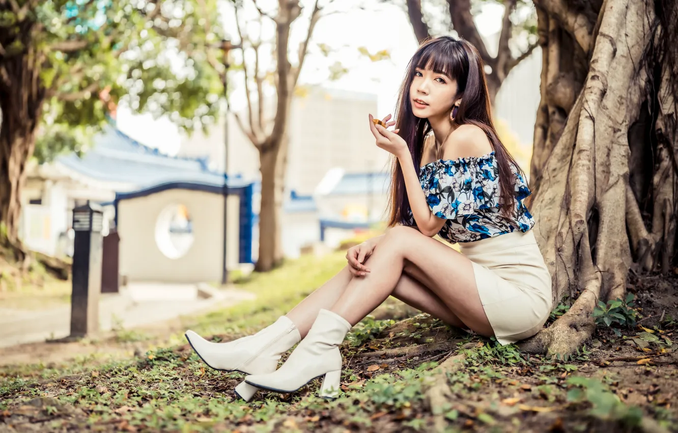 Photo wallpaper look, skirt, legs, Asian, bokeh