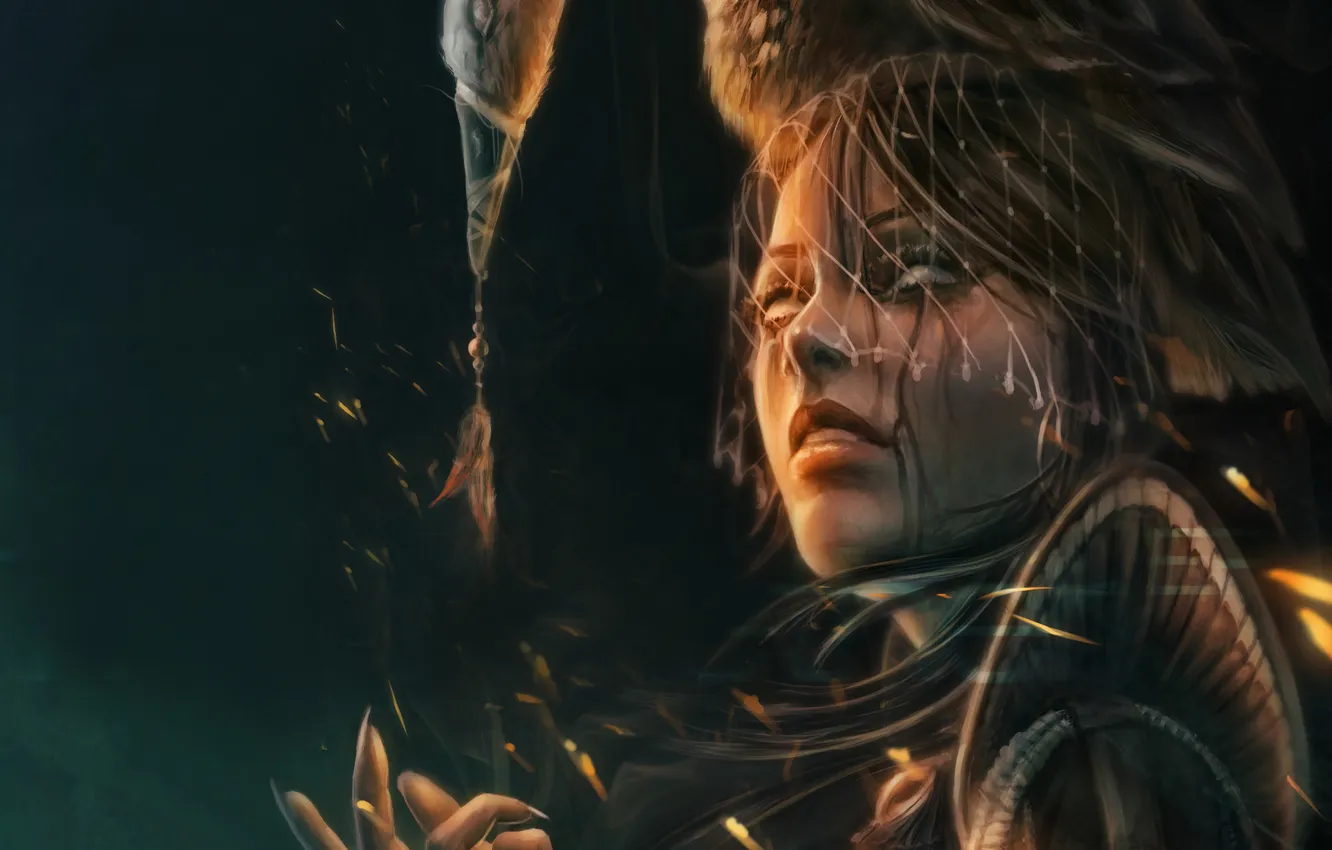 Photo wallpaper girl, bird, sparks, veil