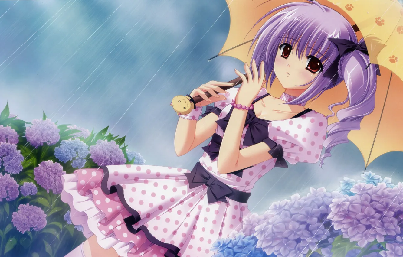 Photo wallpaper look, girl, flowers, umbrella, rain, dress