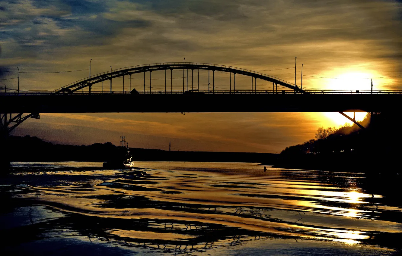Photo wallpaper the sky, water, clouds, sunset, bridge, reflection, river, dawn