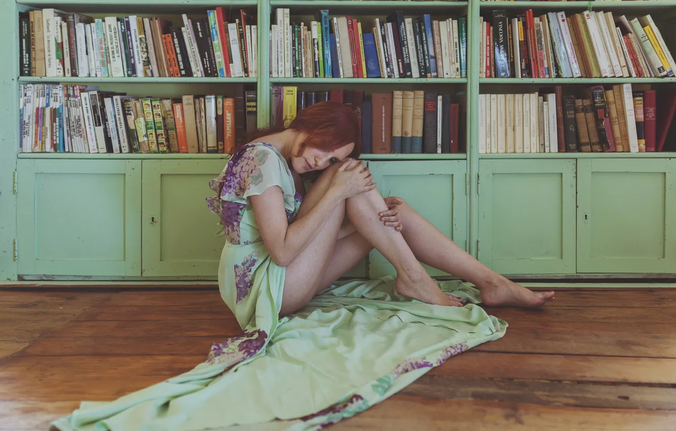 Photo wallpaper girl, face, room, books, dress, legs