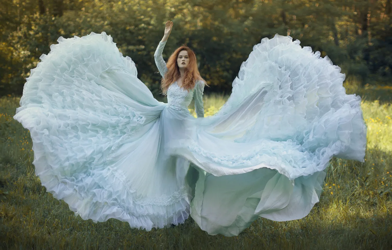 Photo wallpaper girl, nature, blue, dress