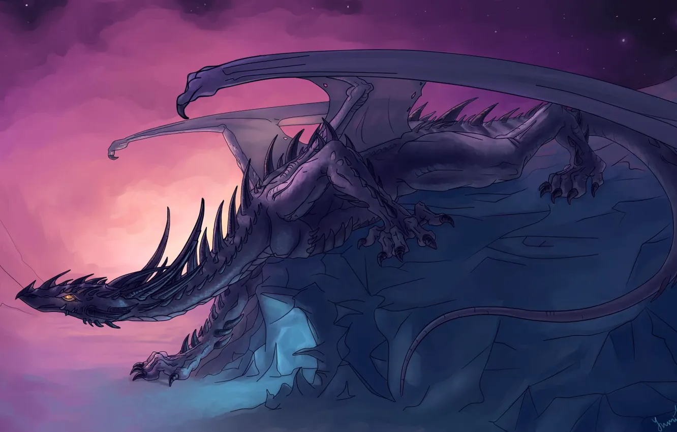 Photo wallpaper look, fiction, rocks, dragon, wings, art, crawling