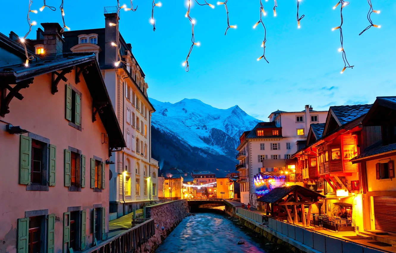 Photo wallpaper mountains, the city, river, France, home, village, lighting, Alps