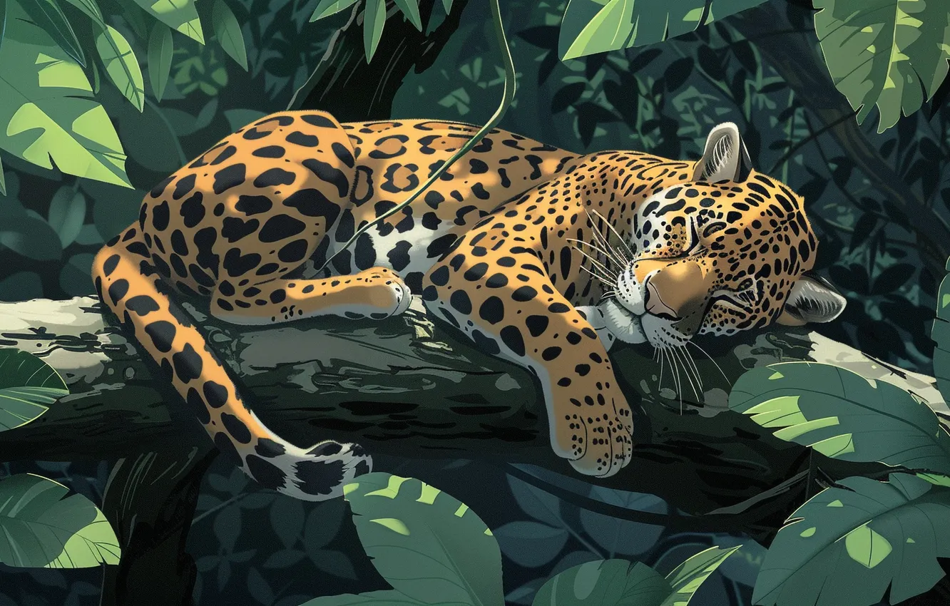 Photo wallpaper Tree, Leaves, Sleeping, Branch, Jaguar, Predator, Digital art, Big cat