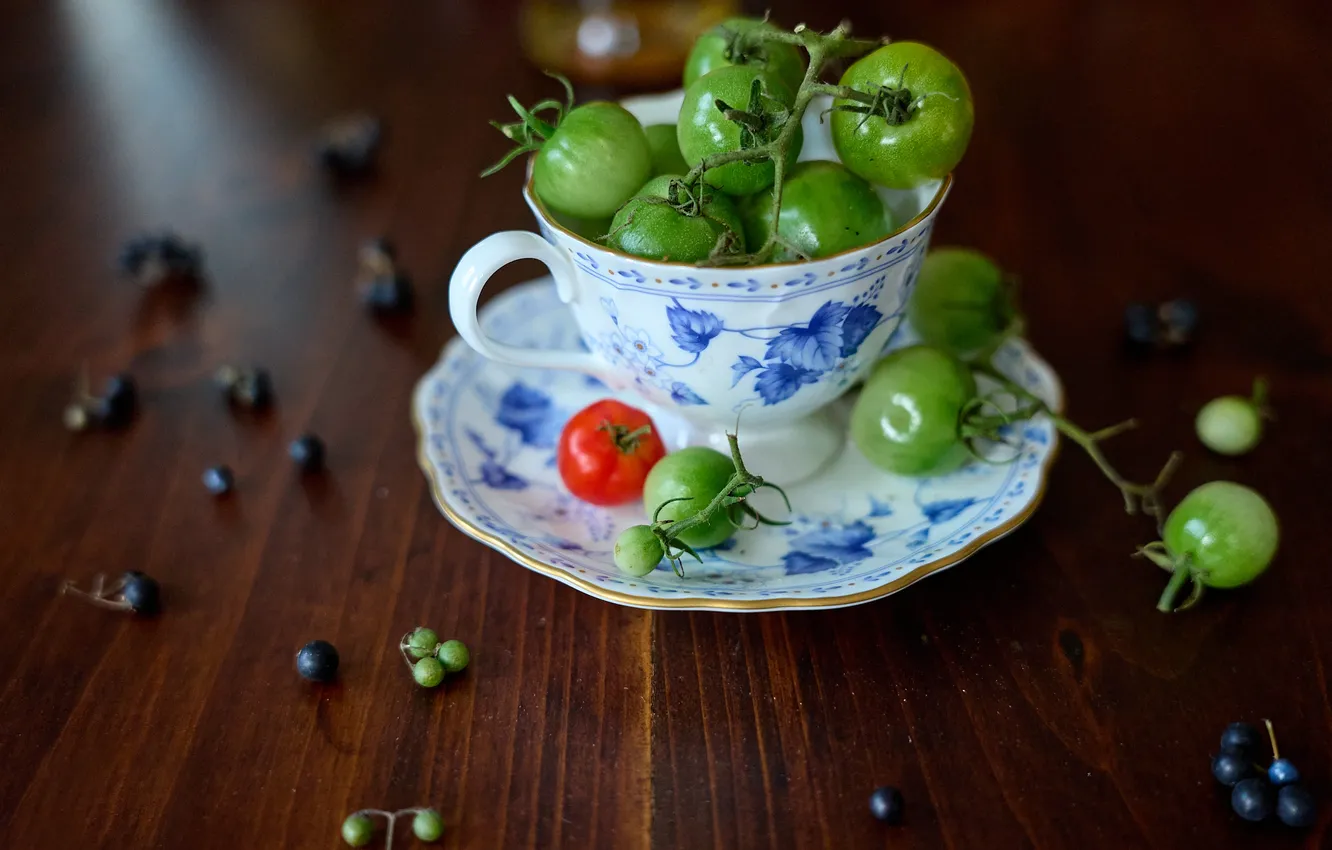 Photo wallpaper green, berries, table, Board, Cup, still life, placer, vegetables