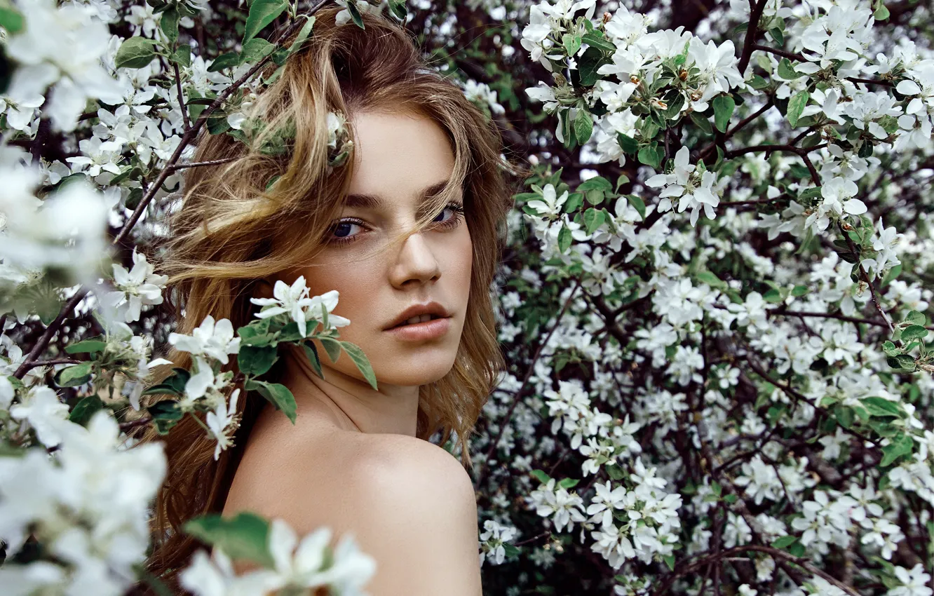 Photo wallpaper look, flowers, branches, portrait, spring, makeup, garden, hairstyle