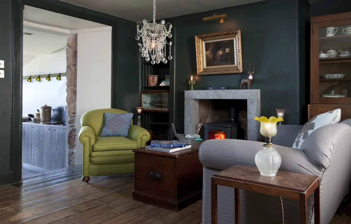 Photo wallpaper design, style, room, interior, fireplace, living room, Scotland, Skerrie house