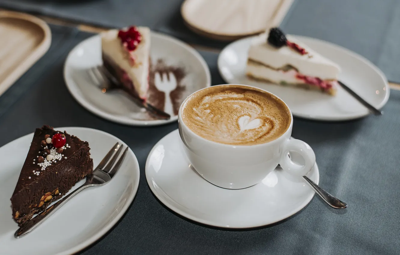 Photo wallpaper coffee, Cup, hearts, cake, cake, cappuccino, saucer
