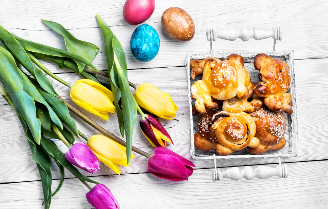 Photo wallpaper flowers, eggs, spring, Easter, tulips, happy, flowers, cakes, tulips, spring, Easter, eggs, bunny, decoration