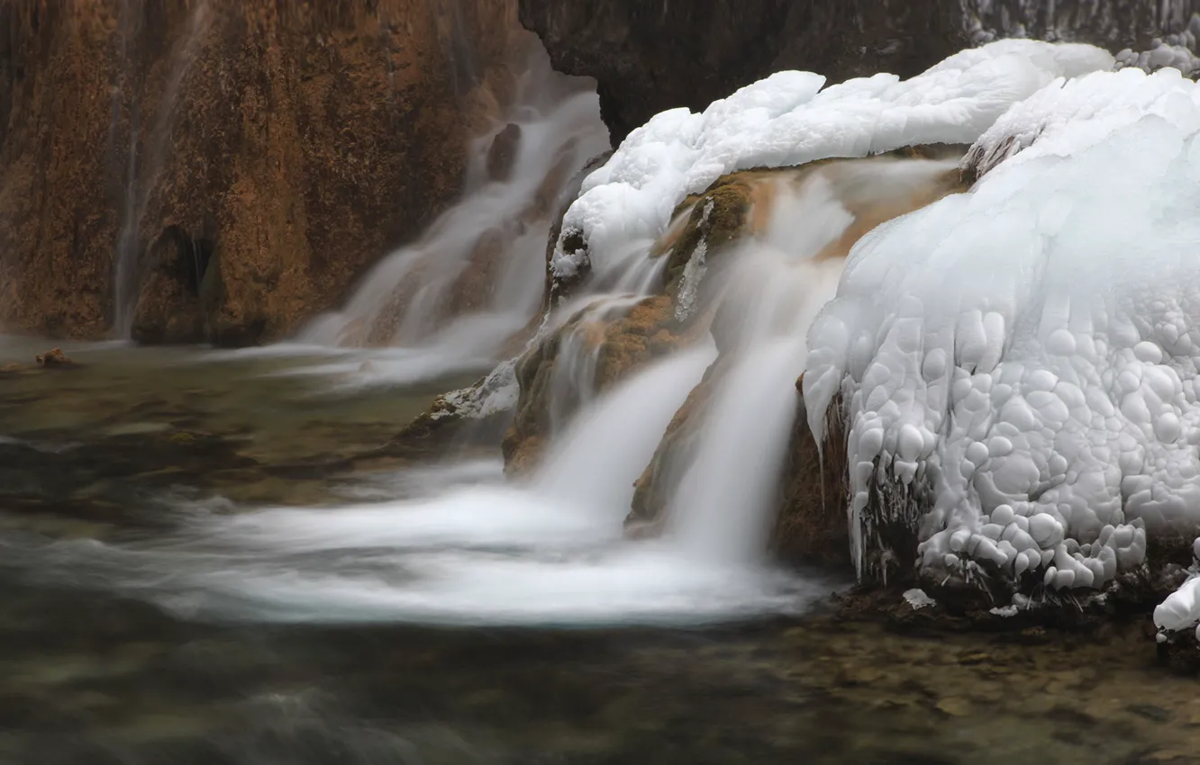 Photo wallpaper ice, river, stream, stones, China, Sichuan, Jiuzhaigou County