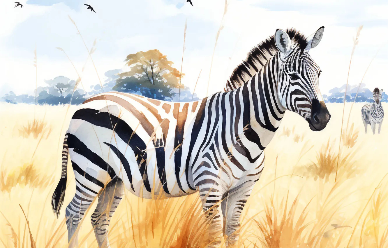 Photo wallpaper Grass, Zebra, Art, Savannah, Digital art, AI art, The Art of Artificial Intelligence, Neural network