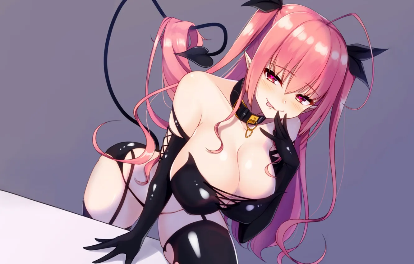 Photo wallpaper girl, sexy, lingerie, bra, cleavage, panties, thighhighs, pink hair