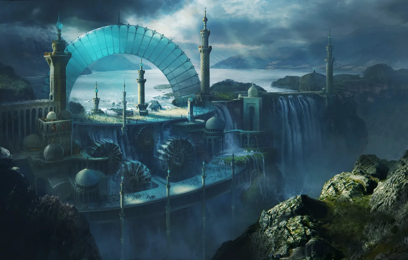 Photo wallpaper landscape, the city, open, rocks, people, view, tower, waterfall