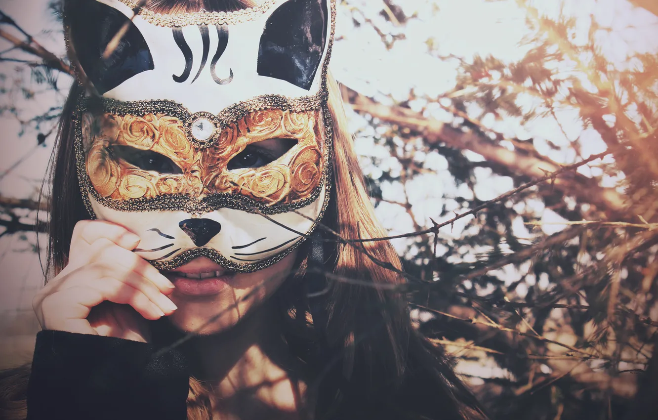 Photo wallpaper cat, girl, branches, mask
