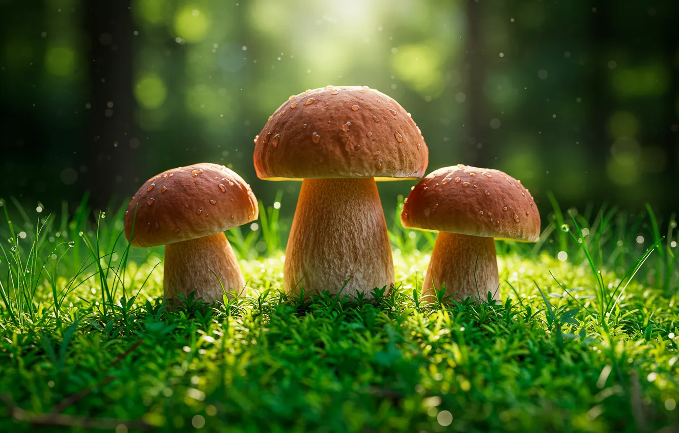 Photo wallpaper grass, Rosa, moss, wallpaper, grass, dew, moss, White mushroom