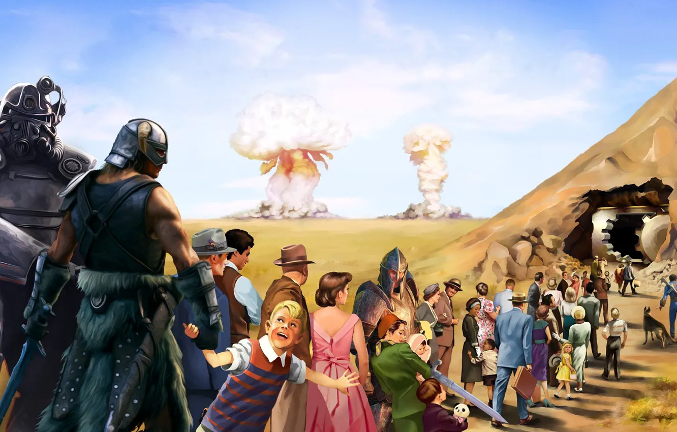 Photo wallpaper The game, People, The explosion, Fallout, Art, Art, Skyrim, Bethesda Softworks